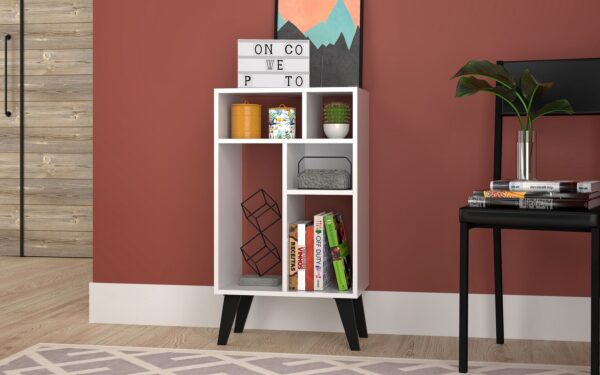 Manhattan Comfort Warren Low Bookcase 3.0 with 5 Shelves in White with Black Feet