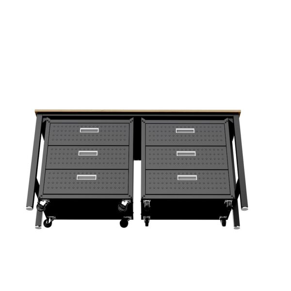 Manhattan Comfort 3-Piece Fortress Mobile Space-Saving Steel Garage Cabinet and Worktable 6.0 in Charcoal Grey