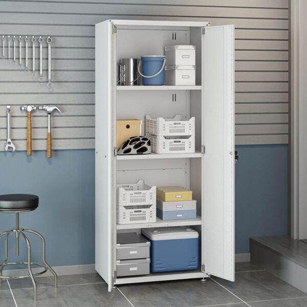 Manhattan Comfort Fortress Textured Metal 75.4" Garage Cabinet with 4 Adjustable Shelves in White