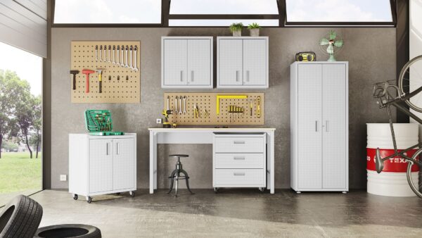 Manhattan Comfort Fortress Textured Metal 75.4" Garage Cabinet with 4 Adjustable Shelves in White
