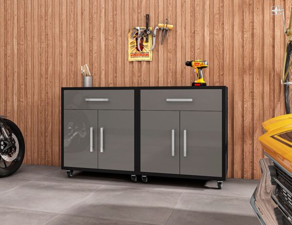Manhattan Comfort Eiffel Mobile Garage Cabinet in Matte Black and Grey (Set of 2)