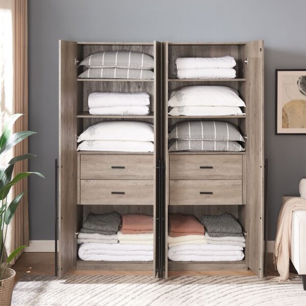 Manhattan Comfort Lee Modern Freestanding Wardrobe Closet 1.0 with 4 Shelves and 2 Drawers in Rustic Grey- Set of 2