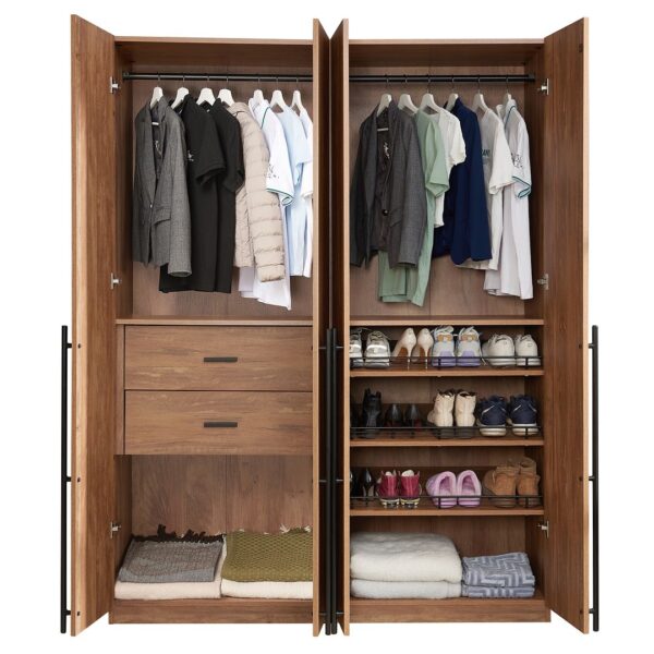 Manhattan Comfort Lee Modern Freestanding 2-Piece Module Wardrobe Closet with 1 Hanging Rod, 2 Drawers, 3 Shoe Compartments, and 5 Shelves in Golden Brown