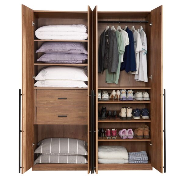 Manhattan Comfort Lee Modern Freestanding 2-Piece Module Wardrobe Closet with 2 Hanging Rods, 2 Drawers, 3 Shoe Compartments, and 2 Shelves in Golden Brown
