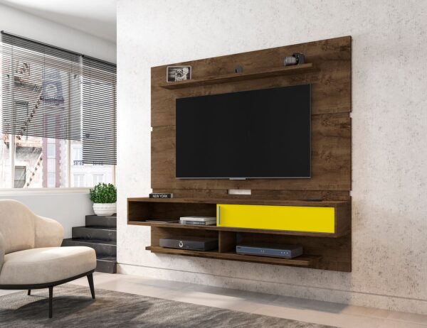 Manhattan Comfort Astor 70.86 Modern Floating Entertainment Center 2.0 with Media and D?cor Shelves in Rustic Brown and Yellow