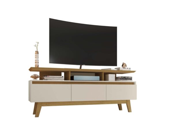 Manhattan Comfort Yonkers 62.99 TV Stand with Solid Wood Legs and 6 Media and Storage Compartments in Off White and Cinnamon