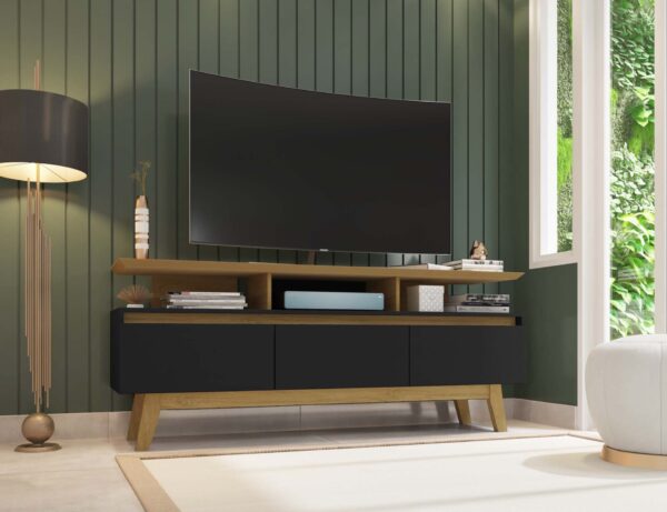 Manhattan Comfort Yonkers 62.99 TV Stand with Solid Wood Legs and 6 Media and Storage Compartments in Black and Cinnamon