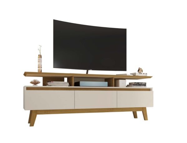 Manhattan Comfort Yonkers 70.86 TV Stand with Solid Wood Legs and 6 Media and Storage Compartments in Off White and Cinnamon