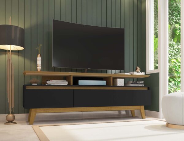 Manhattan Comfort Yonkers 70.86 TV Stand with Solid Wood Legs and 6 Media and Storage Compartments in Black and Cinnamon