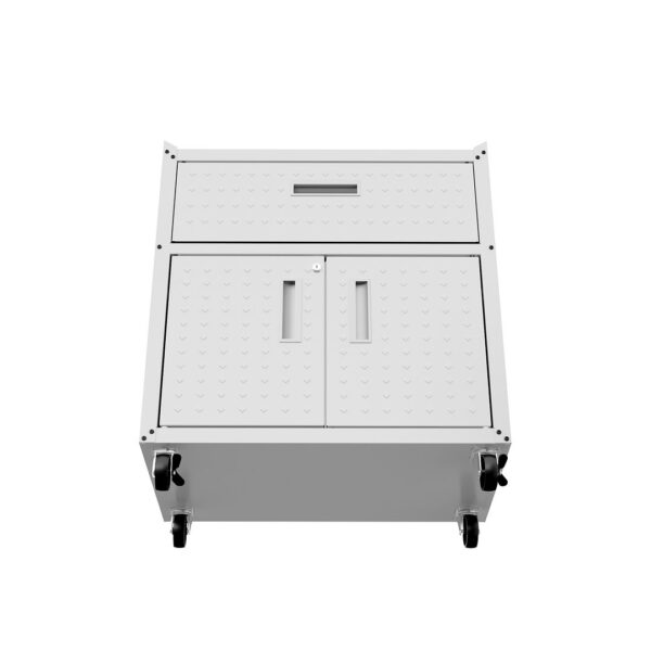 Manhattan Comfort Fortress Textured Metal 31.5" Garage Mobile Cabinet with 1 Full Extension Drawer and 2 Adjustable Shelves in White