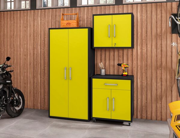 Manhattan Comfort Eiffel 3-Piece Storage Garage Set in Matte Black and Yellow