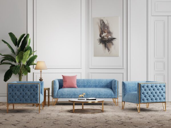 Manhattan Comfort Vector 3-Piece Ocean Blue and Gold Sofa and Armchair Set