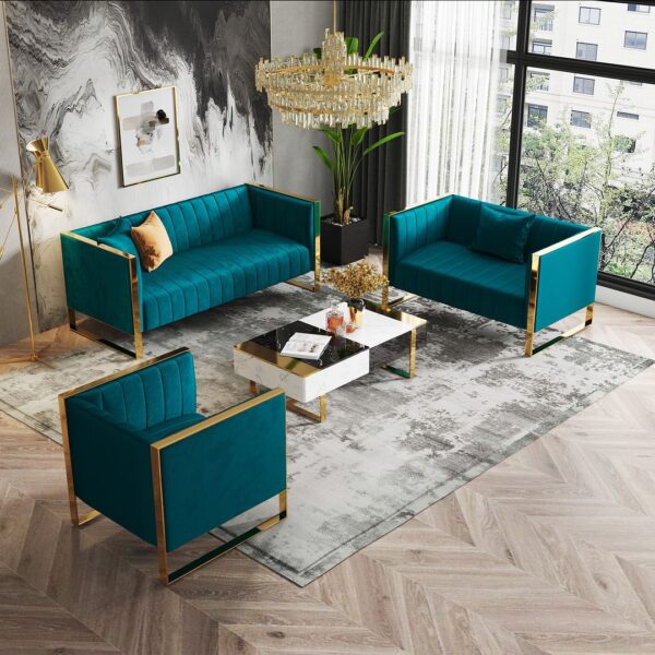 Manhattan Comfort Trillium 3-Piece Teal and Gold Sofa, Loveseat and Armchair