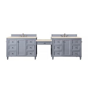 James Martin 301-V122-SL-DU-3EMR Copper Cove Encore 122 Inch Double Vanity Set in Silver Gray with Makeup Table and 3 CM Eternal Marfil Quartz Top