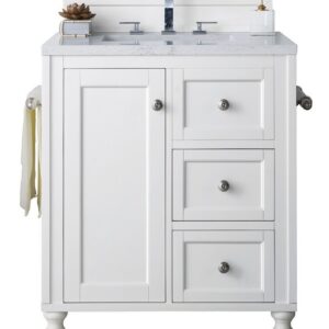 James Martin 301-V30-BW-3AF Copper Cove Encore 30 Inch Single Vanity in Bright White with 3 cm Arctic Fall Solid Surface Top