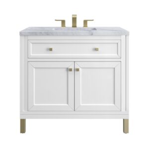 James Martin 305-V36-GW-3CAR Chicago 36 Inch Glossy White Single Sink Vanity with 3 cm Carrara Marble Top