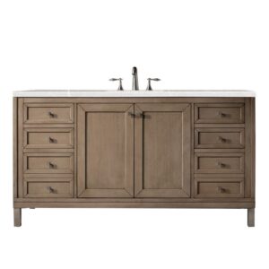 James Martin 305-V60S-WWW-3ESR Chicago 60 Inch Single Vanity Whitewashed Walnut with 3 CM Eternal Serena Quartz Top