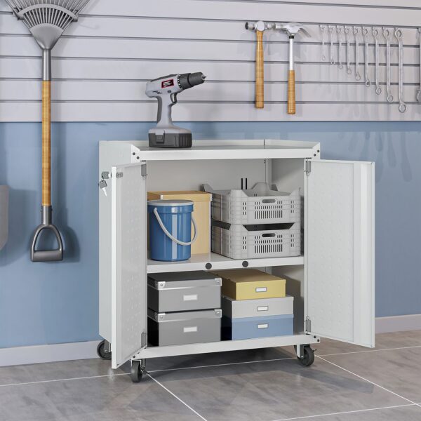 Manhattan Comfort Fortress Textured Metal 31.5" Garage Mobile Cabinet with 2 Adjustable Shelves in White