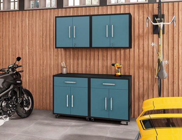 Manhattan Comfort Eiffel 4-Piece Garage Storage Set in Matte Black and Aqua Blue