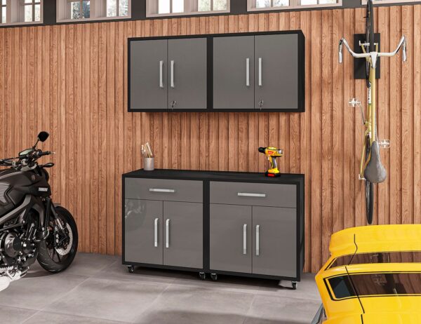 Manhattan Comfort Eiffel 4-Piece Garage Storage Set in Matte Black and Grey