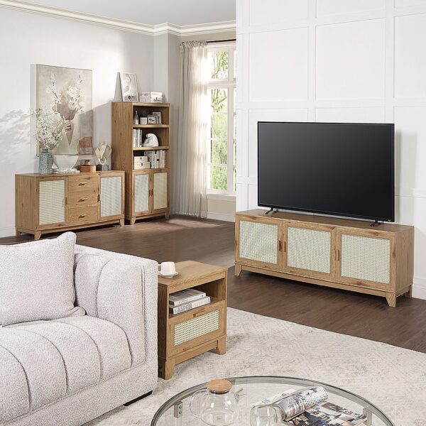 Manhattan Comfort Sheridan Modern Cane 4-Piece Set: Bookcase, TV Stand, Sideboard, End Table in Nature