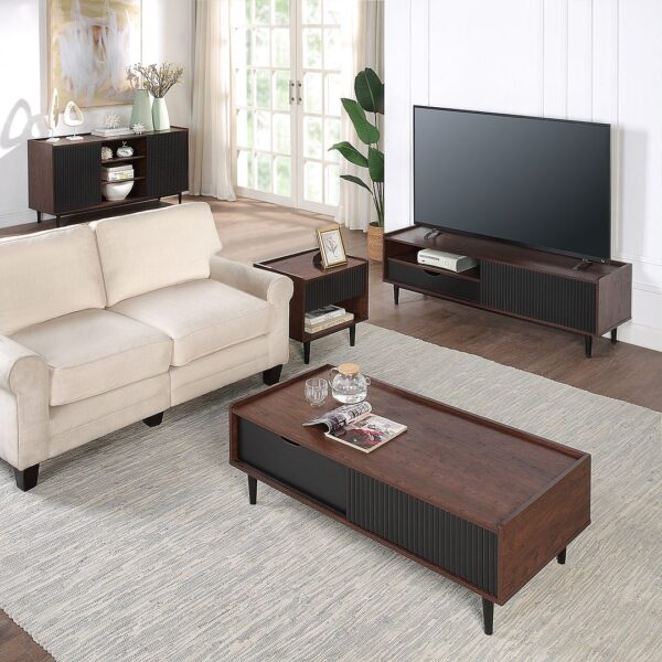 Manhattan Comfort Duane Modern Ribbed 4 Piece Living Room Set: Sideboard, TV Stand, Coffee Table, End Table in Dark Brown and Black
