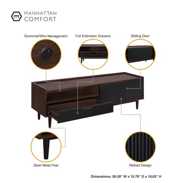 Manhattan Comfort Duane Modern Ribbed 4 Piece Living Room Set: Sideboard, TV Stand, Coffee Table, End Table in Dark Brown and Black