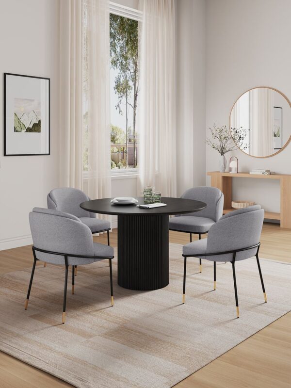 Manhattan Comfort 5-Piece Hathaway Modern 47.24 Solid Wood Round Dining Set in Black with 4 Flor Velvet Upholstered Dining Chairs in Grey