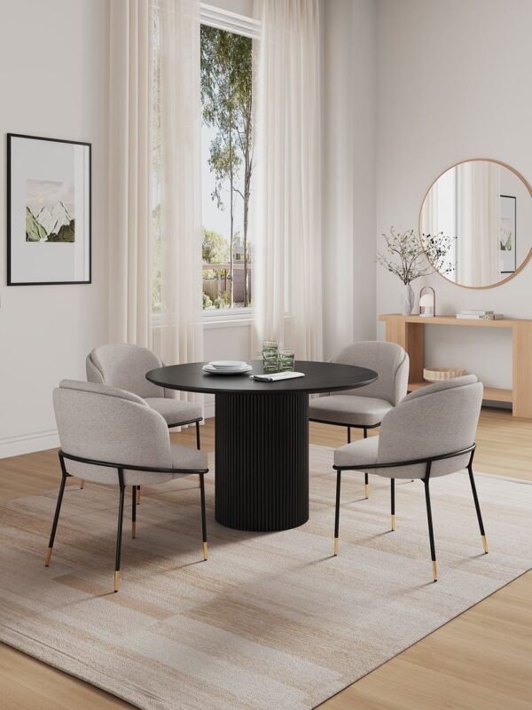 Manhattan Comfort 5-Piece Hathaway Modern 47.24 Solid Wood Round Dining Set in Black with 4 Flor Velvet Upholstered Dining Chairs in Wheat