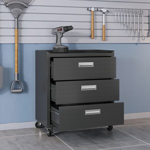Manhattan Comfort Fortress Textured Metal 31.5" Garage Mobile Chest with 3 Full Extension Drawers in Charcoal Grey