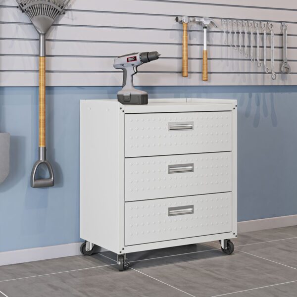 Manhattan Comfort Fortress Textured Metal 31.5" Garage Mobile Chest with 3 Full Extension Drawers in White