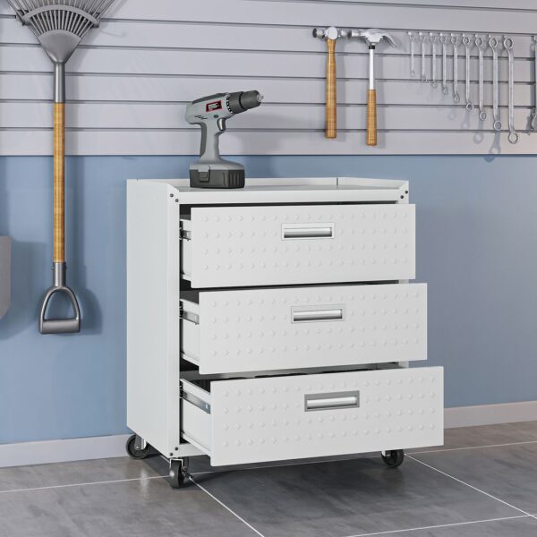 Manhattan Comfort Fortress Textured Metal 31.5" Garage Mobile Chest with 3 Full Extension Drawers in White