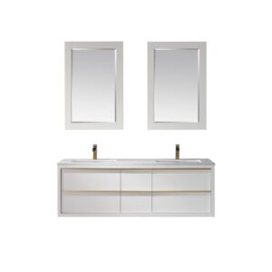 Altair 534060-WH-AW Morgan 60 Inch Double Sink Bathroom Vanity Set with Composite Carrara White Stone Countertop and Mirror