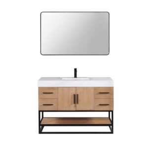 Altair 552048DB-LB-WH Bianco 48D Inch Matte Black Support Base Freestanding Single Bathroom Vanity in Light Brown with White Composite Stone Countertop and Mirror