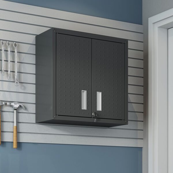 Manhattan Comfort Fortress 30" Floating Textured Metal Garage Cabinet with Adjustable Shelves in Charcoal Grey