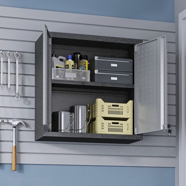 Manhattan Comfort Fortress 30" Floating Textured Metal Garage Cabinet with Adjustable Shelves in Grey