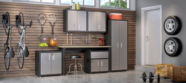 Manhattan Comfort Fortress 30" Floating Textured Metal Garage Cabinet with Adjustable Shelves in Grey