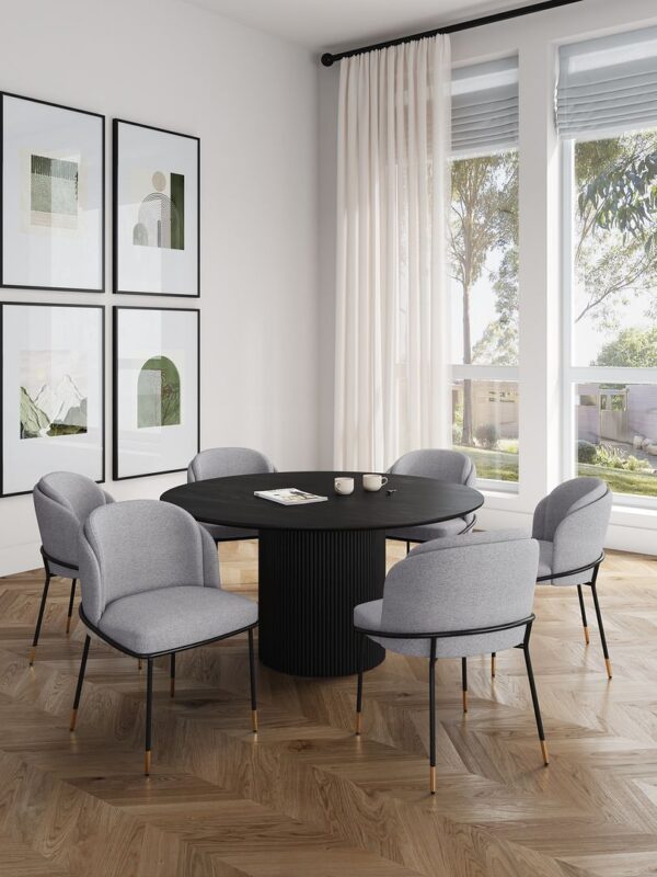 Manhattan Comfort 7-Piece Hathaway Modern 59.05 Solid Wood Round Dining Set in Black with 6 Flor Velvet Upholstered Dining Chairs in Grey
