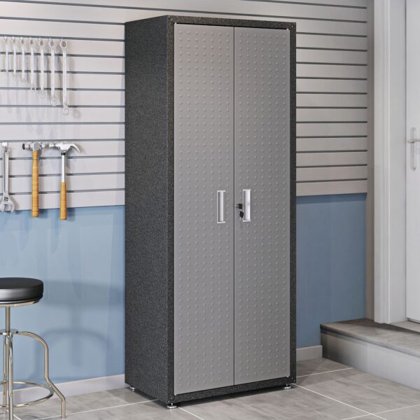 Manhattan Comfort 6-Piece Fortress Textured Garage Set with Cabinets, Wall Units and Table in Grey