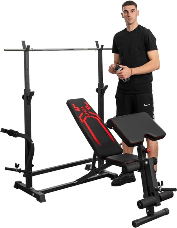 RetailHuntUSA 6-in-1 880lbs Weight Bench Set with Squat Rack, Adjustable Workout Bench for Full Body Strength Training, Bench Press with Barbell Rack Leg Developer Preacher Curl