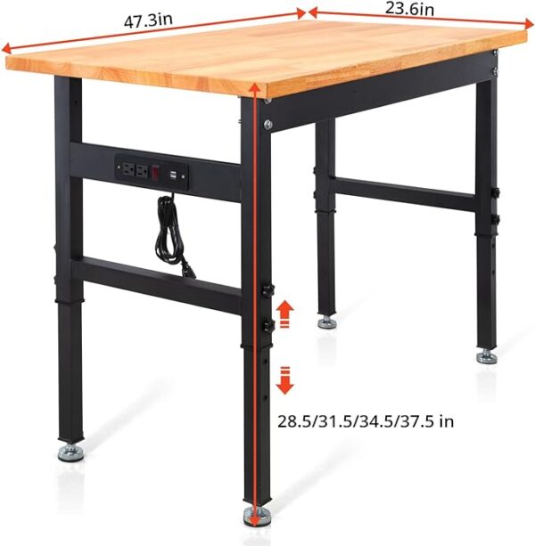 RetailHuntUSA Work Bench, Height Adjustable Workbench Heavy Duty Oak Wood Desktop Work Table with Power Outlets for Garage