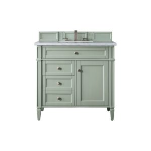 James Martin 650-V36-SGR-3CAR Brittany 36 Inch Sage Green Single Vanity with 3 CM Carrara Marble Top