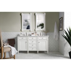 James Martin 650-V60D-BW-3CAR Brittany 60 Inch Bright White Double Vanity with 3 cm Carrara Marble Top