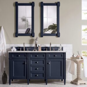 James Martin 650-V60D-VBL-3CAR Brittany 60 Inch Victory Blue Double Vanity with 3 cm Carrara Marble Top