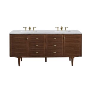 James Martin 670-V72-WLT-3AF Amberly 72 Inch Mid-Century Walnut Double Sink Vanity with 3 cm Arctic Fall Top