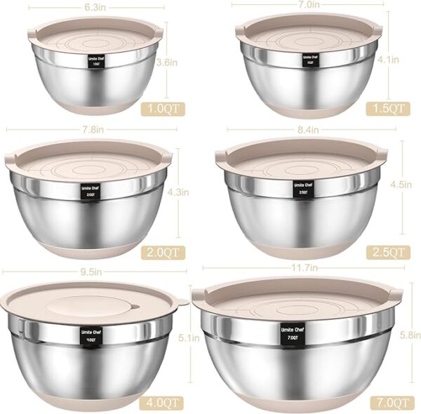 RetailHuntUSA Mixing Bowls with Airtight Lids Set, 26PCS Stainless Steel Khaki Bowls with Grater Attachments, Non-Slip Bottoms & Kitchen Gadgets Set, Size 7, 4, 2.5, 2.0,1.5, 1QT, Great for Mixing & Serving