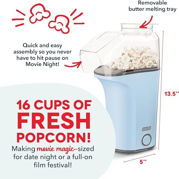 RetailHuntUSA Hot Air Popcorn Popper Maker with Measuring Cup to Portion Popping Corn Kernels + Melt Butter, 16 Cups - Dream Blue