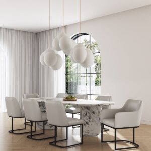 Manhattan Comfort Modern Serena 8 Piece Dining Set Upholstered in Leatherette with Steel Legs in Light Grey