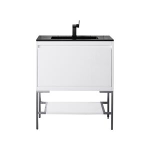 James Martin 801V31.5GWBNKCHB Milan 31.5 Inch Single Vanity Cabinet in Glossy White and Brushed Nickel with Charcoal Black Composite Top