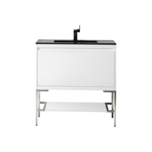 James Martin 801V35.4GWBNKCHB Milan 35.4 Inch Single Vanity Cabinet in Glossy White and Brushed Nickel with Charcoal Black Composite Top